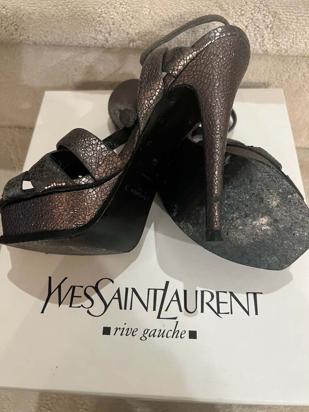 Saint Laurent YSL Metallic Tribute Platform Heels Sandals Gunmetal Grey 38 - NIB - Picture 3 of 6